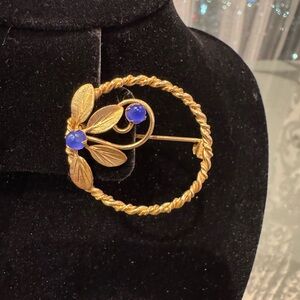 Vintage Elegant Gold and Blue Brooch
